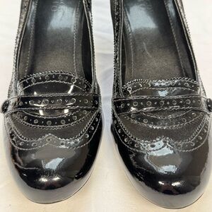 Franco Sarto Black Patent Leather and Suede Mary Jane Heels w/ intricate details
